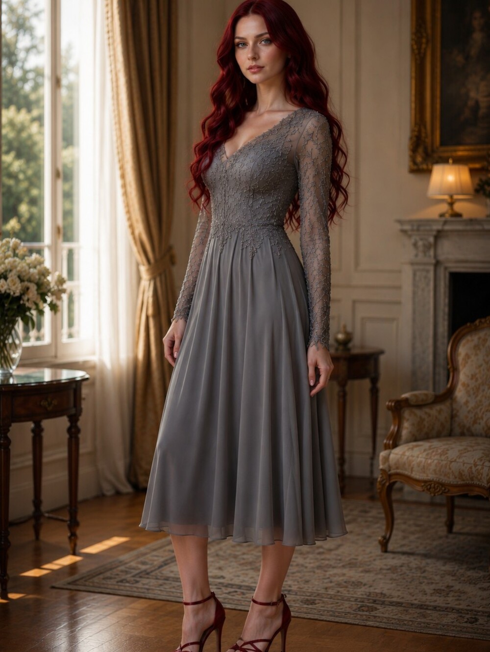 MGNY Madeline Gardner Slate Gray Beaded Illusion Gown - Size 6- Tea Length - Picture 2 of 16